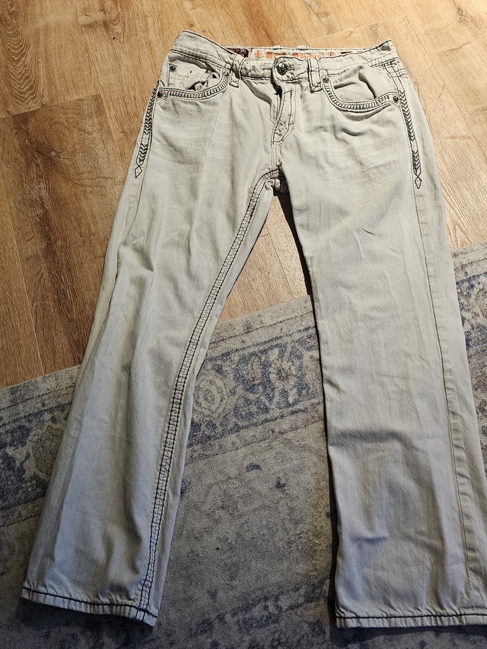 Men's Rock Revival "Rocky" Bootcut Jeans light grey off-white wash Size 36x32